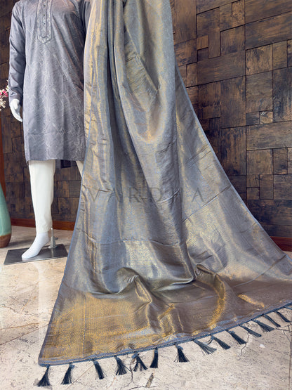 Grey Kanjivaram Silk Saree & Geometric Sequin Kurta Ethnic Couple Set