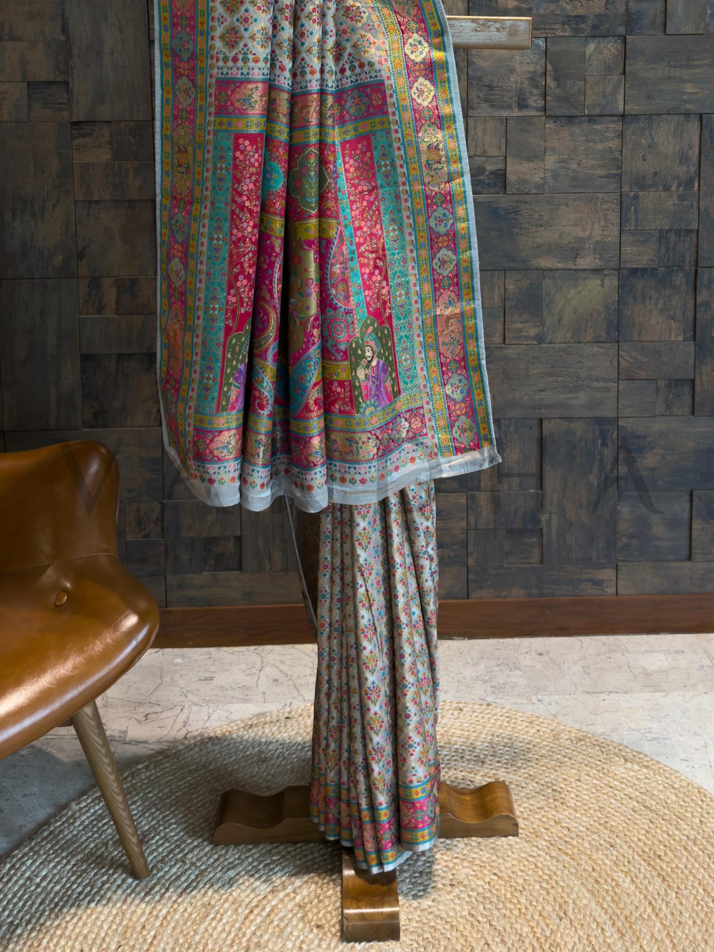 Grey Viscose Katan Silk Saree with Zari Floral Buttis Pink Satin Blouse