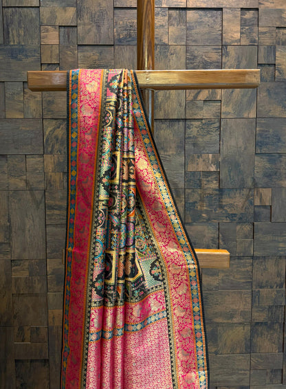 Black & Pink Katan Art Silk Saree with Box Pattern Motifs