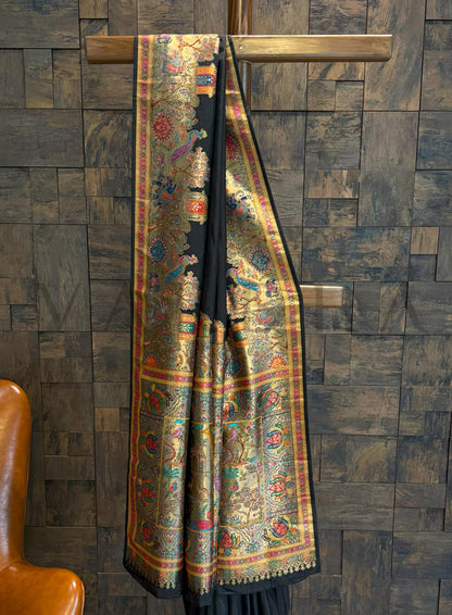 Black Viscose Katan Silk Saree with Zari Jungle Motifs