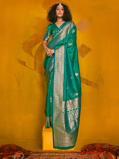 Peacock Green Satin Silk Saree with Woven Zari Work