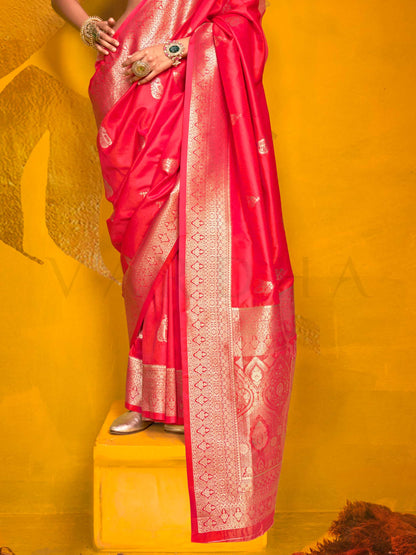 Hot Pink Satin Silk Saree with Woven Zari Work