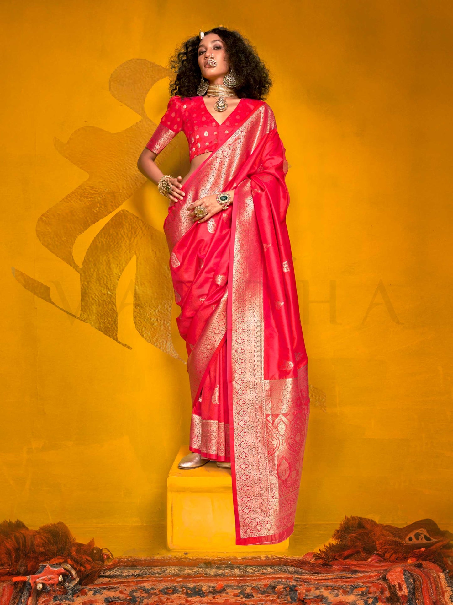 Hot Pink Satin Silk Saree with Woven Zari Work