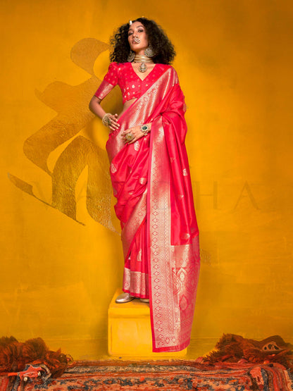 Hot Pink Satin Silk Saree with Woven Zari Work