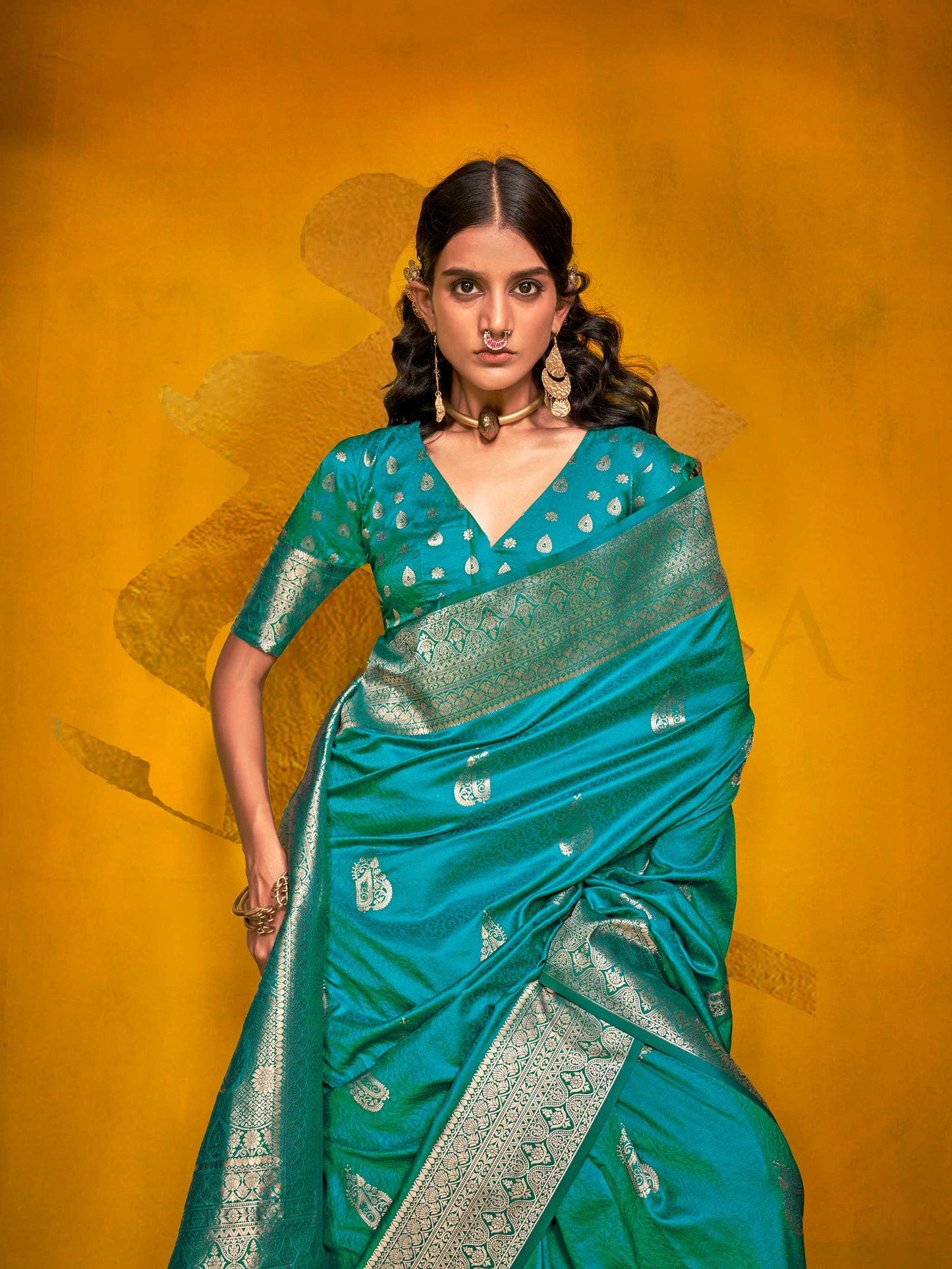 Teal Blue Satin Silk Saree with Woven Zari Work
