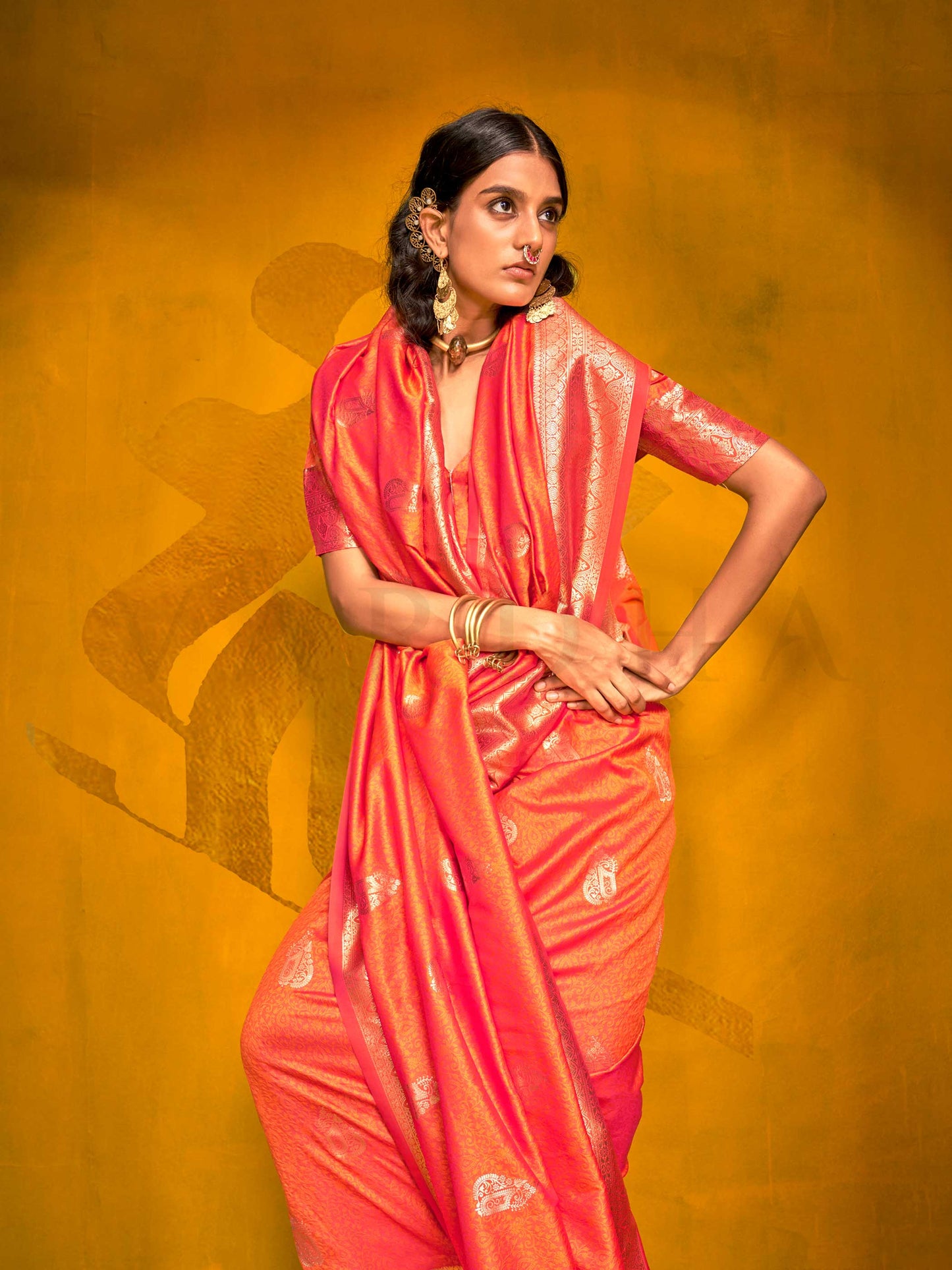 Coral Peach Satin Silk Saree with Woven Zari Work