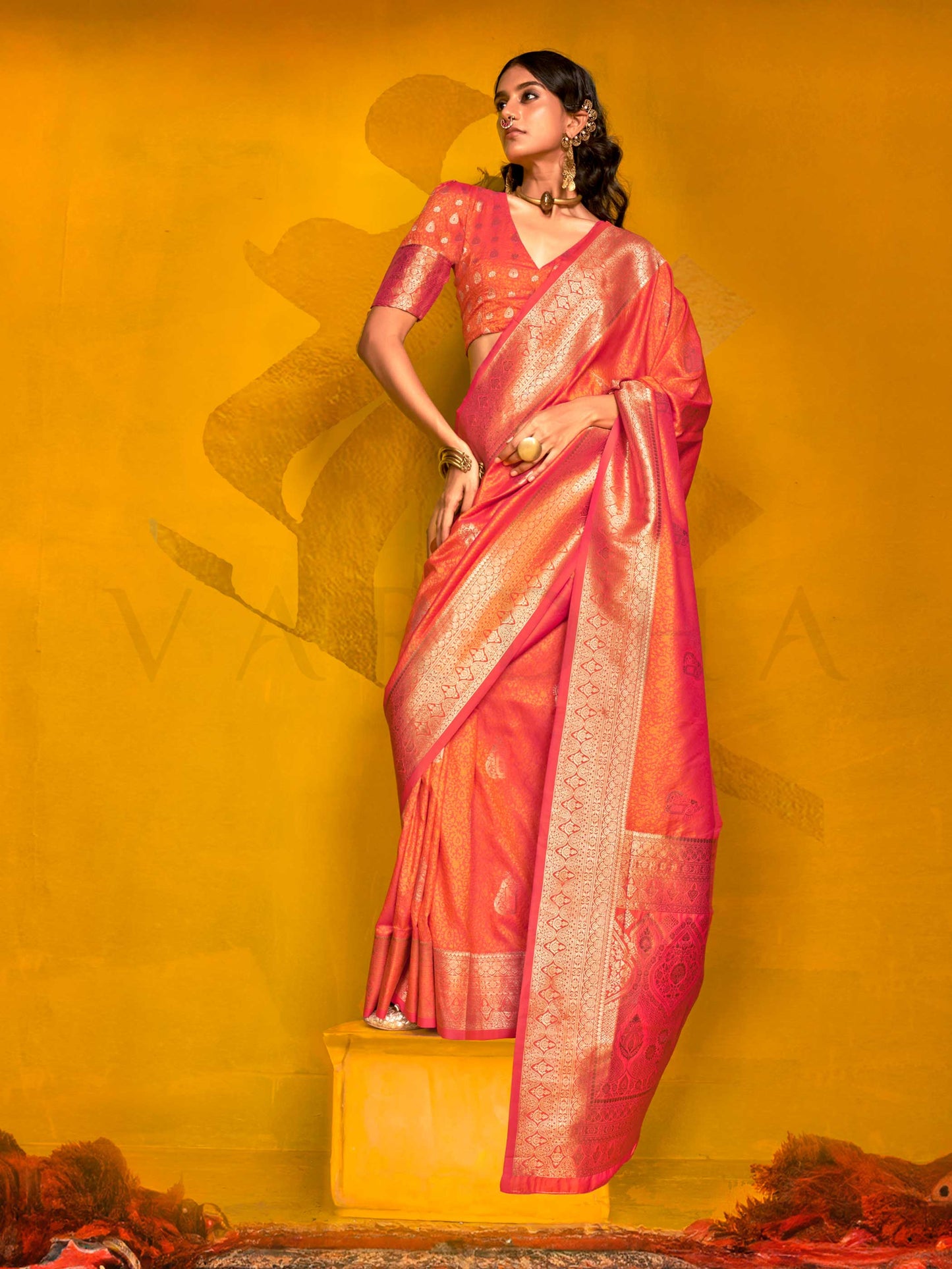 Coral Peach Satin Silk Saree with Woven Zari Work