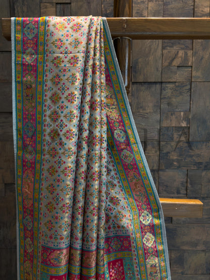 Grey Viscose Katan Silk Saree with Zari Floral Buttis Pink Satin Blouse
