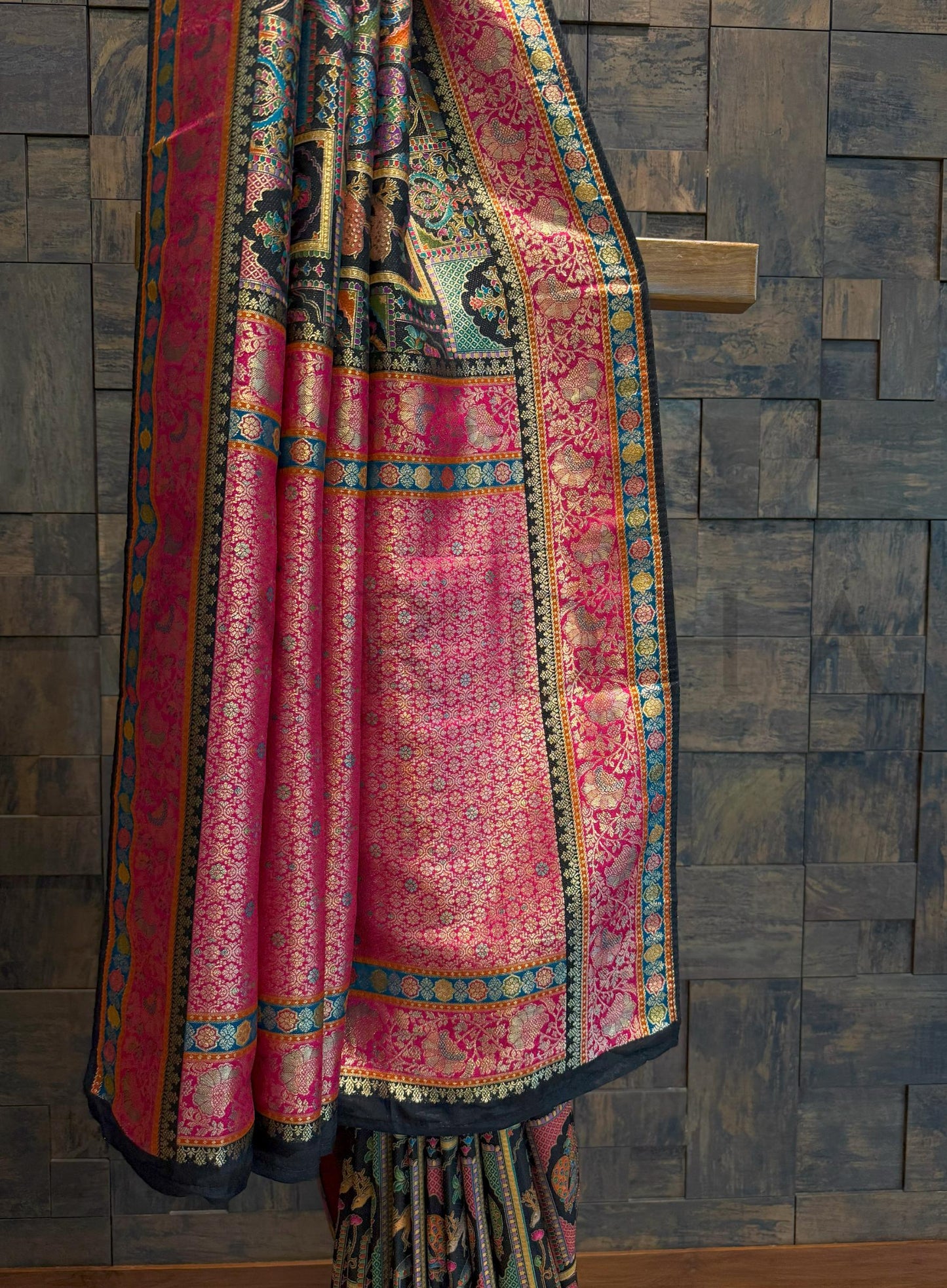 Black & Pink Katan Art Silk Saree with Box Pattern Motifs