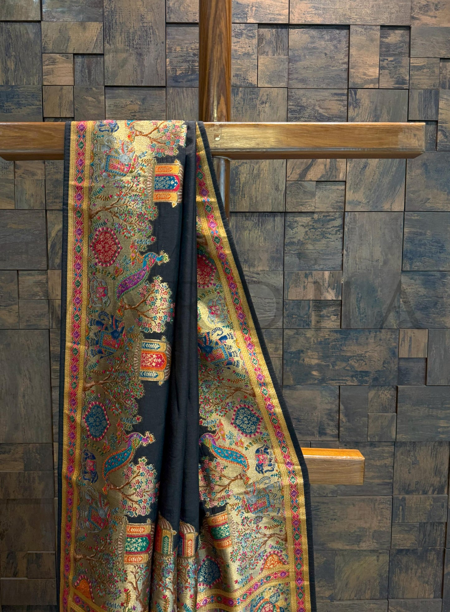 Black Viscose Katan Silk Saree with Zari Jungle Motifs