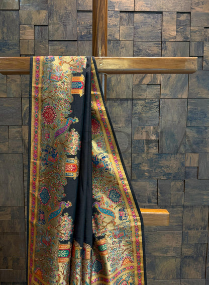 Black Viscose Katan Silk Saree with Zari Jungle Motifs