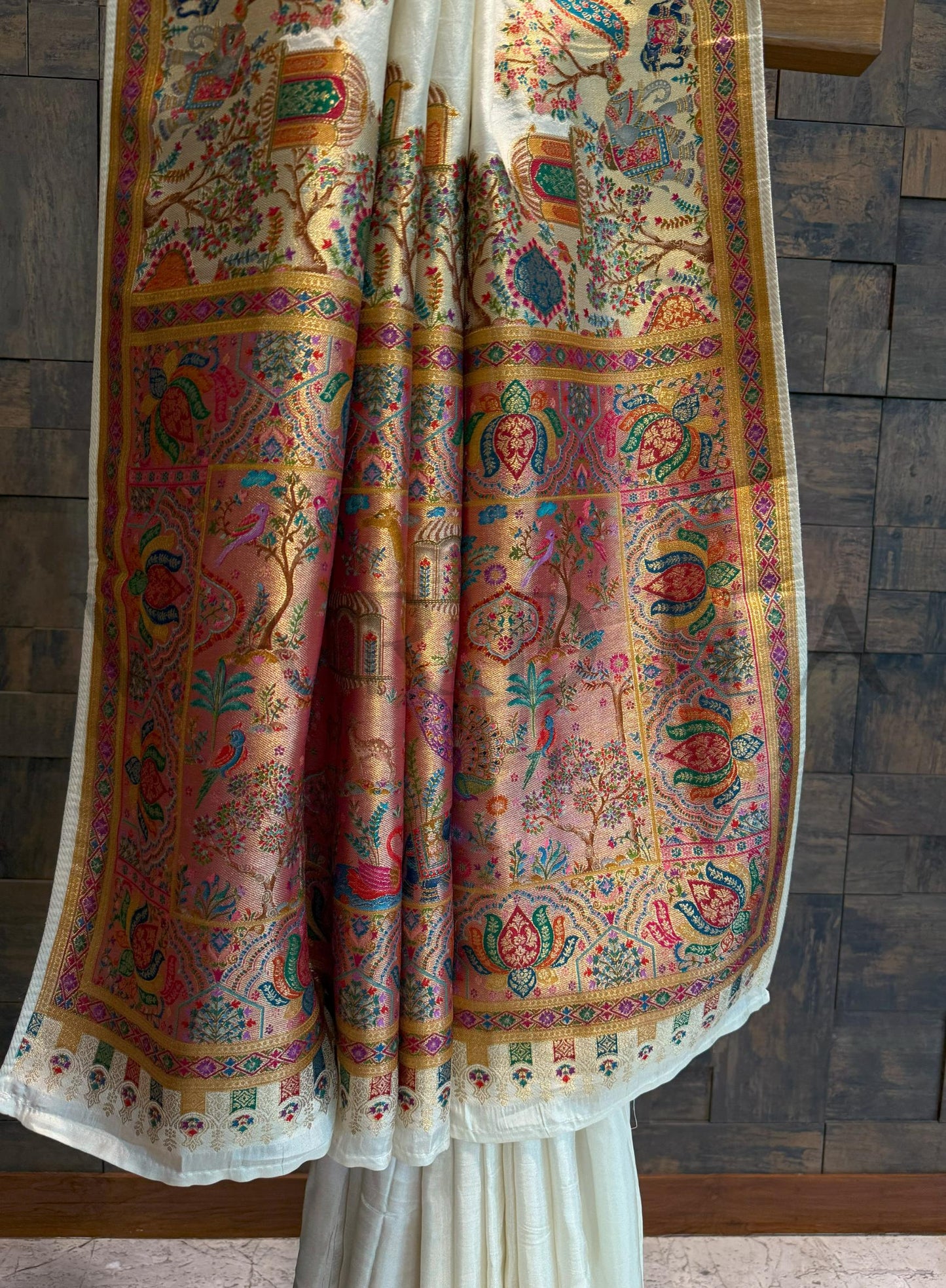 Off-White Viscose Katan Silk Saree with Zari Jungle Motifs
