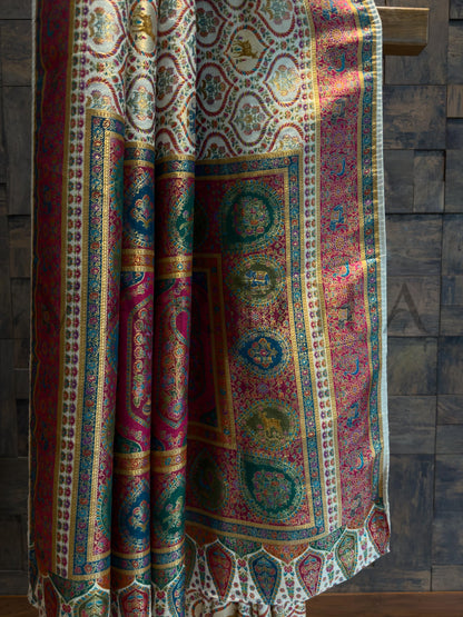 Off-White Viscose Katan Silk Saree with Pink Pallu