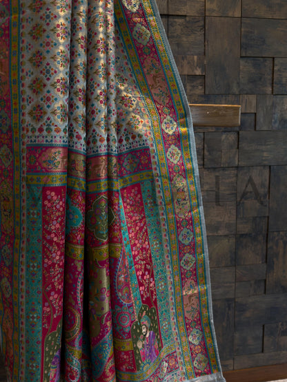 Grey Viscose Katan Silk Saree with Zari Floral Buttis Pink Satin Blouse