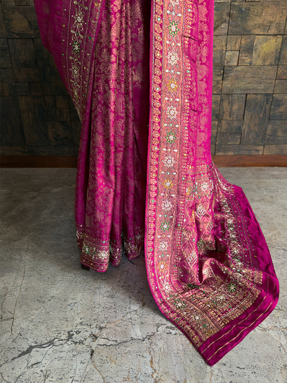 Pink Kanjivaram Silk Saree with Zari Weaving & Handwork