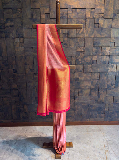 Peach-Pink Tanchoi Satin Silk Saree with Zari Work