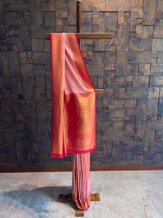 Peach-Pink Tanchoi Satin Silk Saree with Zari Work