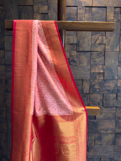 Peach-Pink Tanchoi Satin Silk Saree with Zari Work