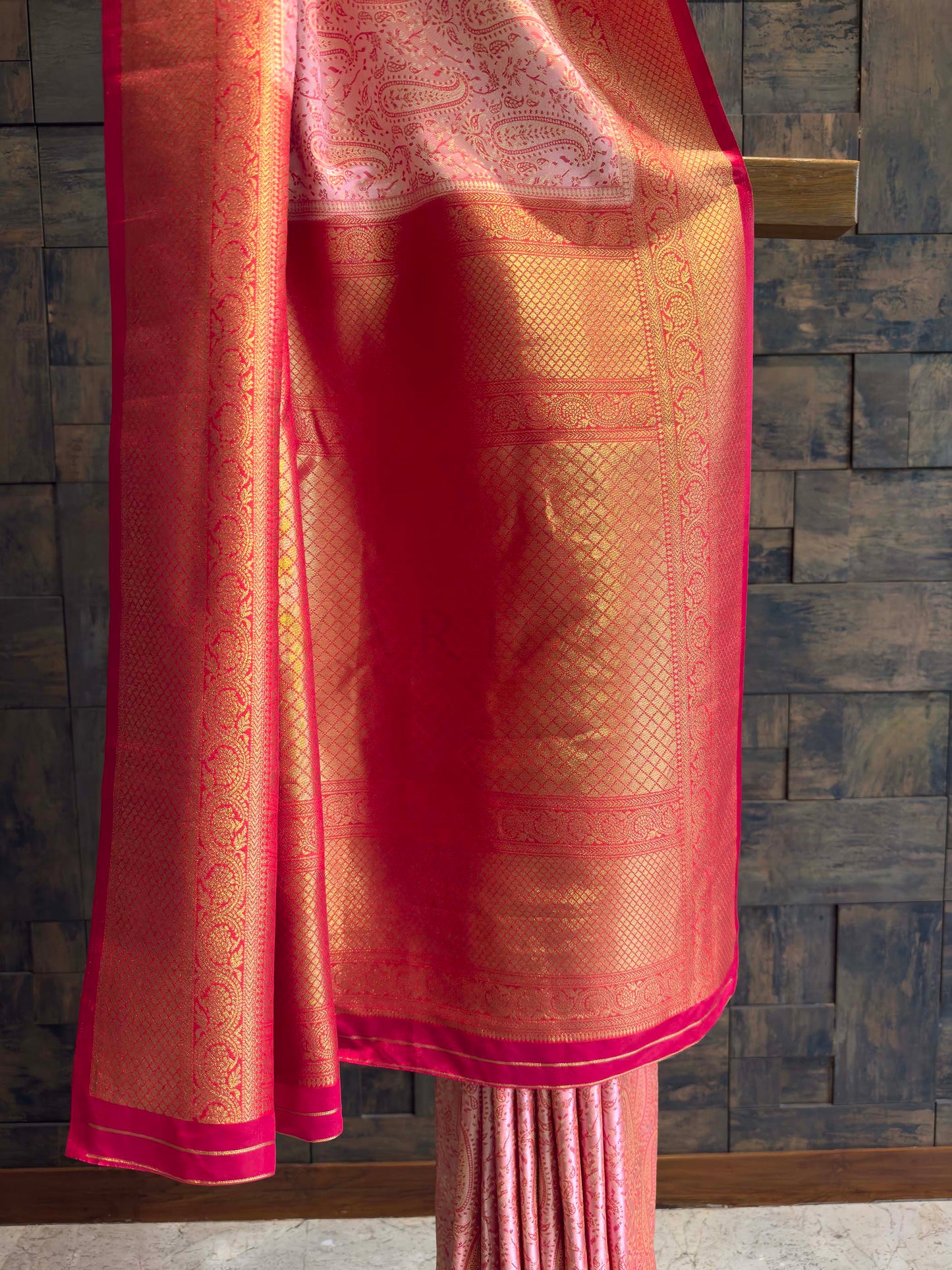Peach-Pink Tanchoi Satin Silk Saree with Zari Work