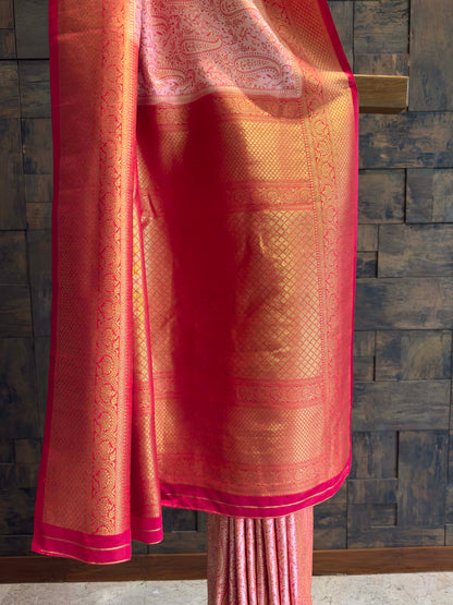 Peach-Pink Tanchoi Satin Silk Saree with Zari Work