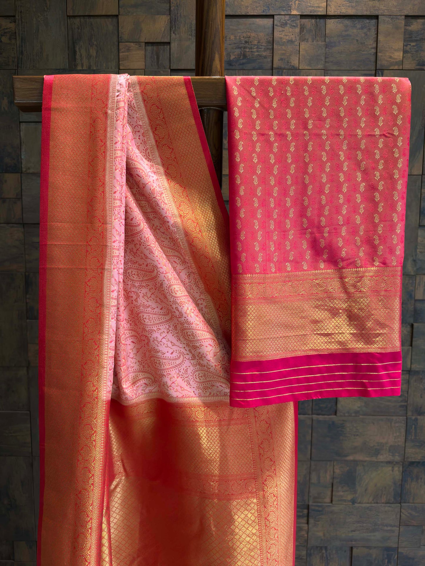 Peach-Pink Tanchoi Satin Silk Saree with Zari Work