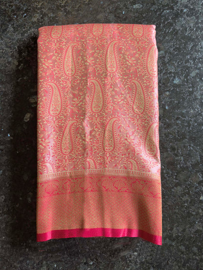 Peach-Pink Tanchoi Satin Silk Saree with Zari Work