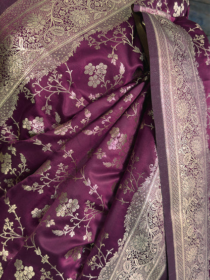 Wine Banarasi Satin Silk Saree with Gold Zari