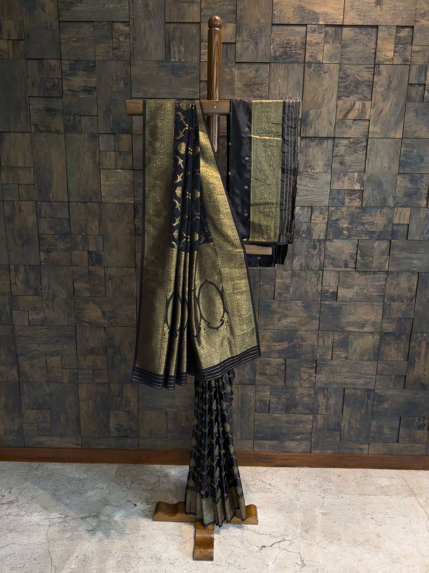 Black Banarasi Satin Silk Saree with Gold Zari