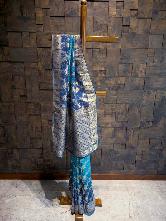 Blue Bandhani Feathersoft Georgette Saree with Gold Zari Weaving