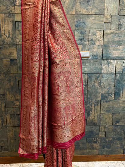 Burgundy-Wine Golden Zari Pure Mysore Silk Saree