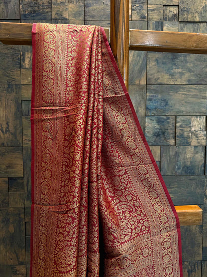 Burgundy-Wine Golden Zari Pure Mysore Silk Saree