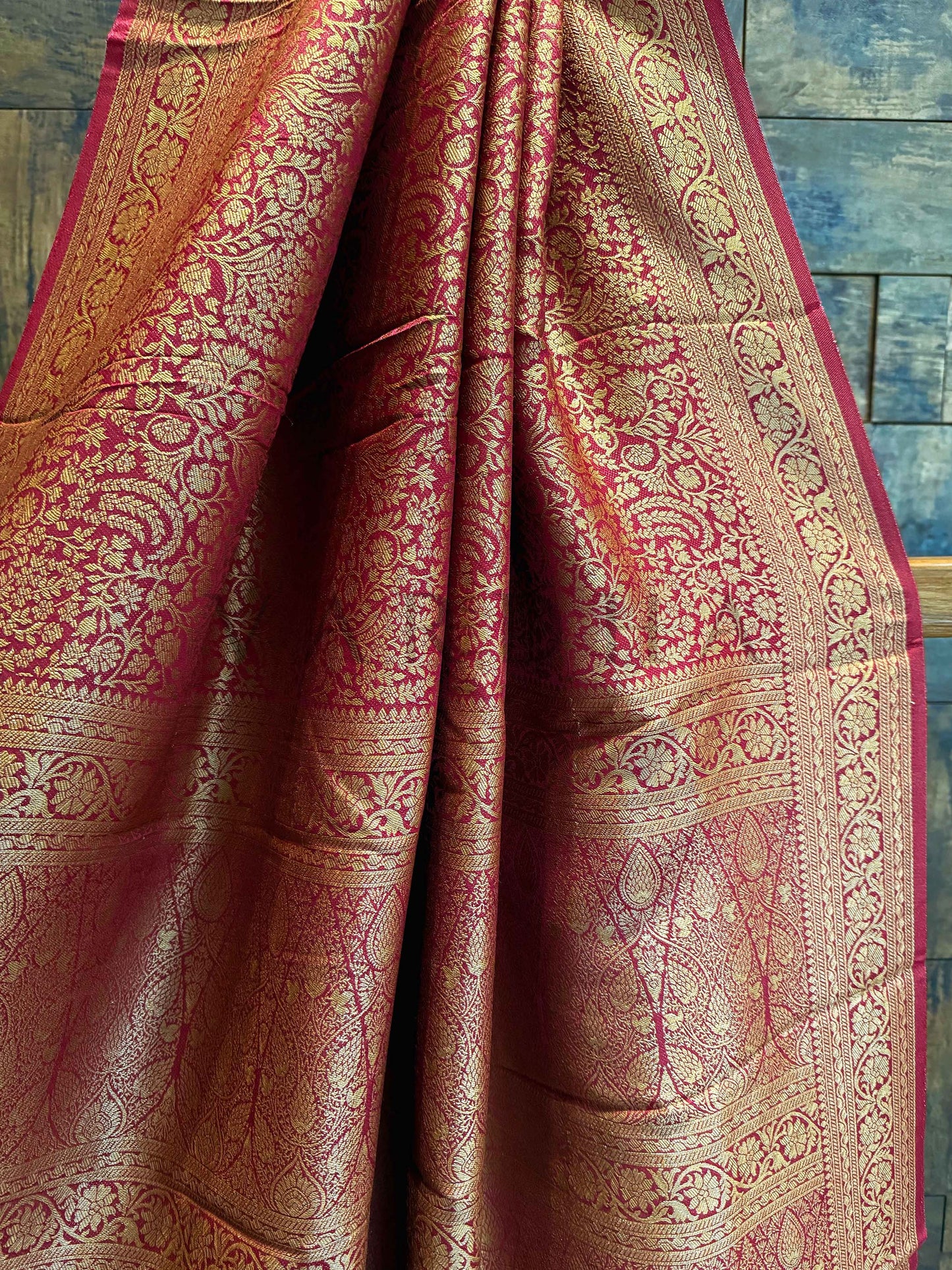 Burgundy-Wine Golden Zari Pure Mysore Silk Saree