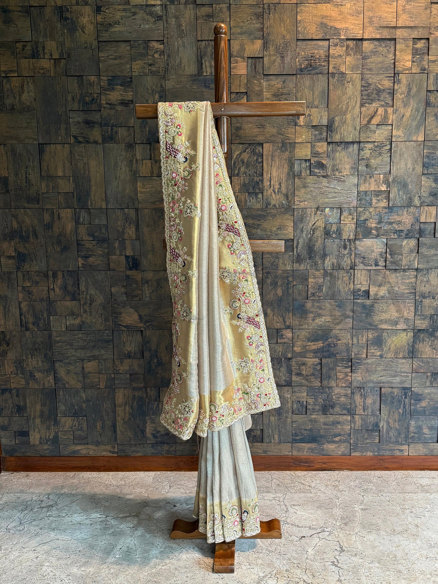 Chikoo Kanjivaram Tissue Silk Saree with Zari Weaving & Hand Work