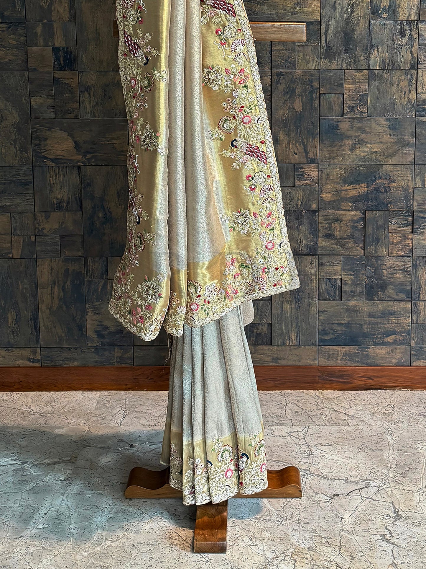 Chikoo Kanjivaram Tissue Silk Saree with Zari Weaving & Hand Work