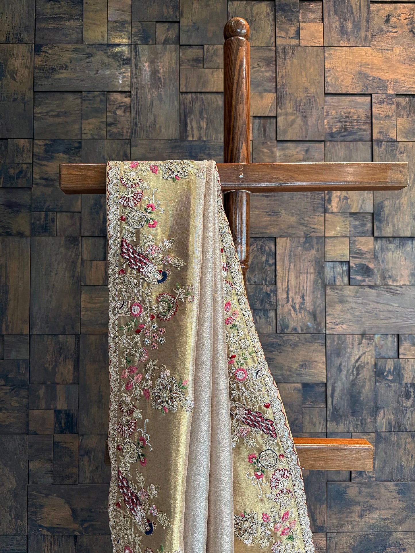 Chikoo Kanjivaram Tissue Silk Saree with Zari Weaving & Hand Work