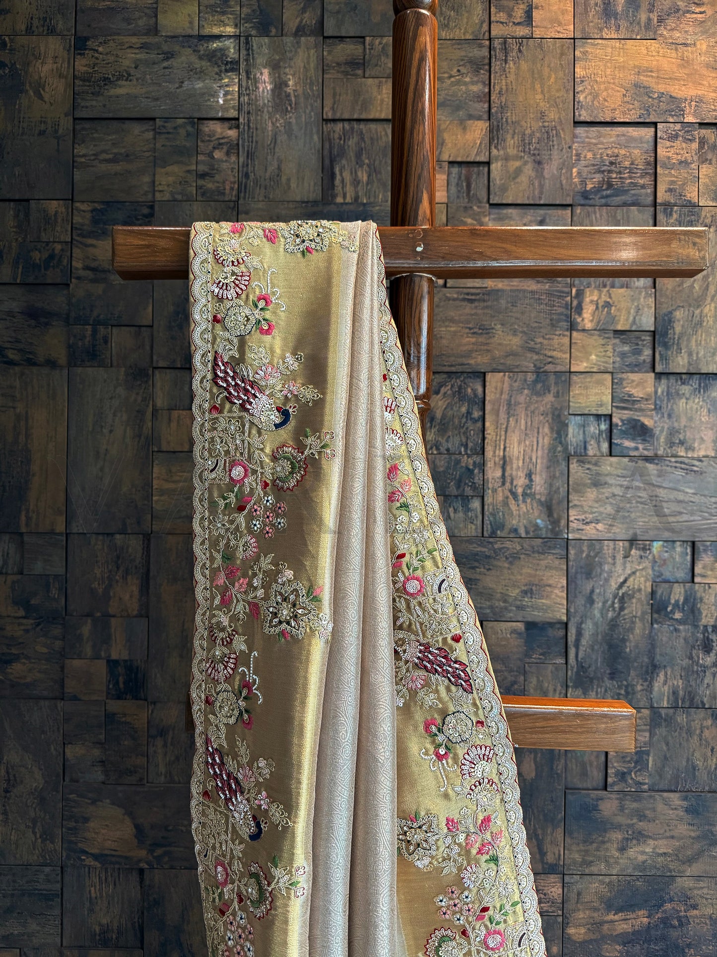 Chikoo Kanjivaram Tissue Silk Saree with Zari Weaving & Hand Work