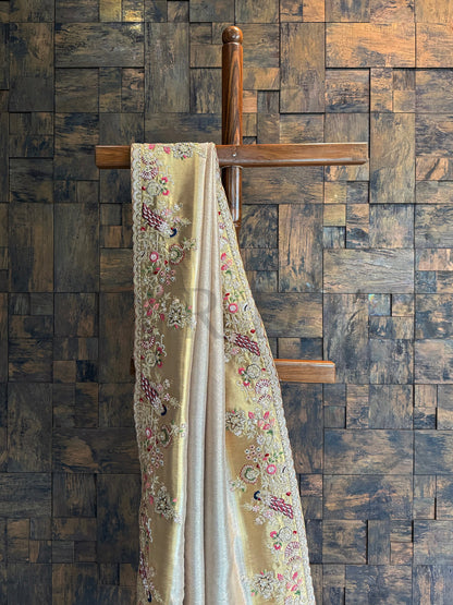 Chikoo Kanjivaram Tissue Silk Saree with Zari Weaving & Hand Work