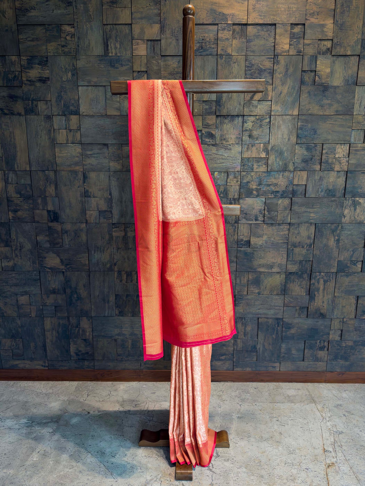Cream-Red Tanchoi Satin Silk Saree with Zari Work