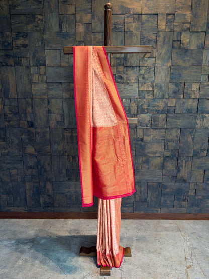Cream-Red Tanchoi Satin Silk Saree with Zari Work