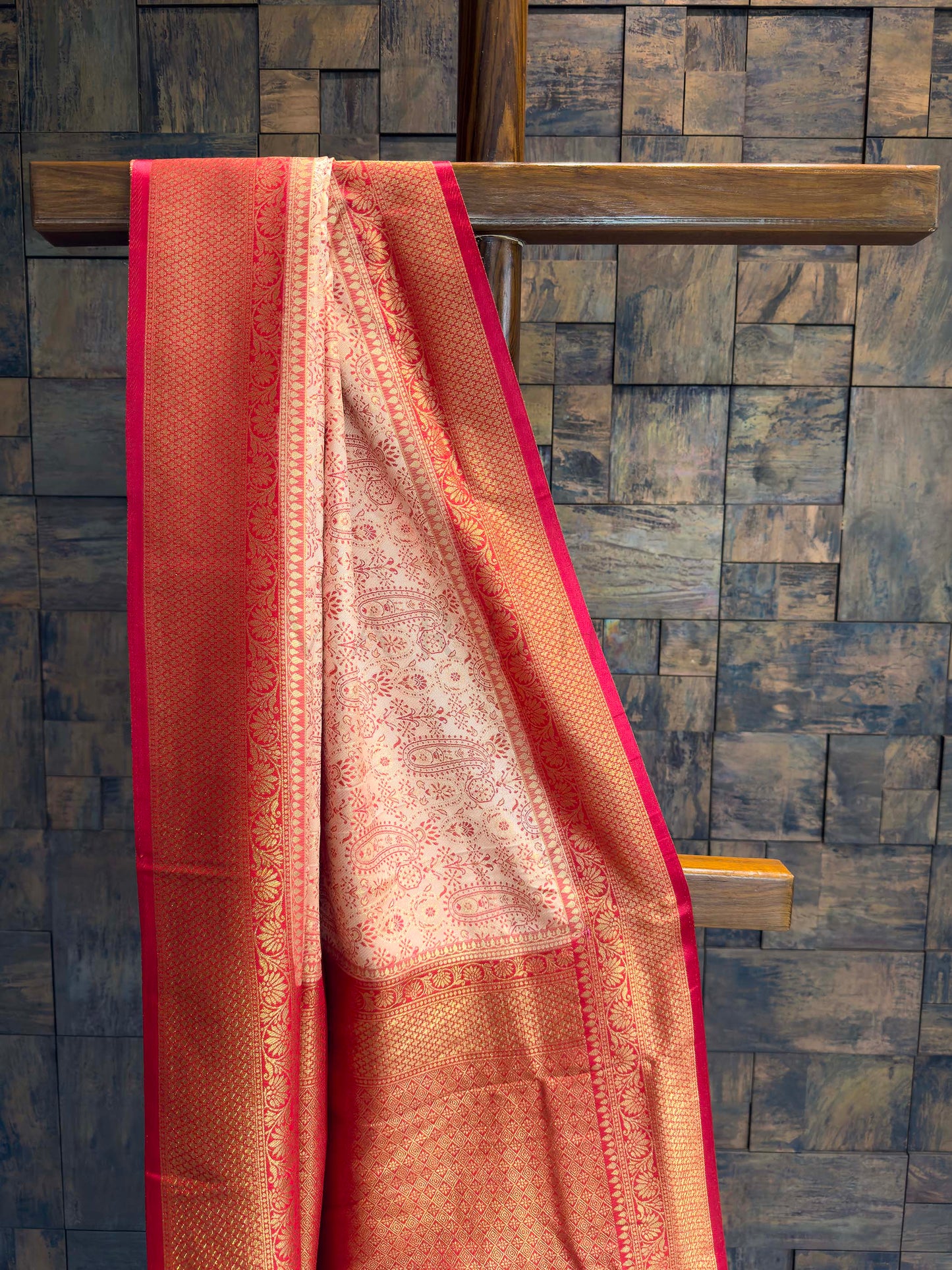 Cream-Red Tanchoi Satin Silk Saree with Zari Work