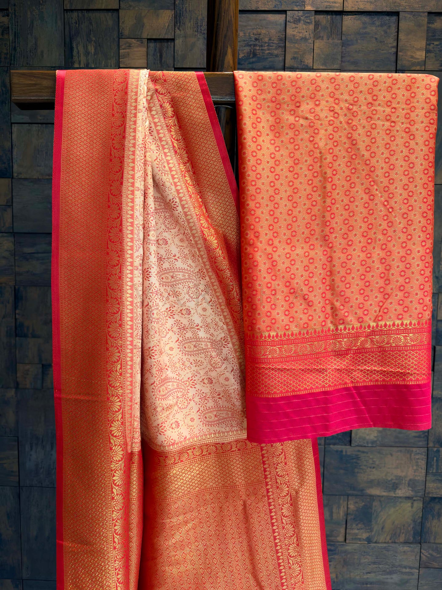Cream-Red Tanchoi Satin Silk Saree with Zari Work
