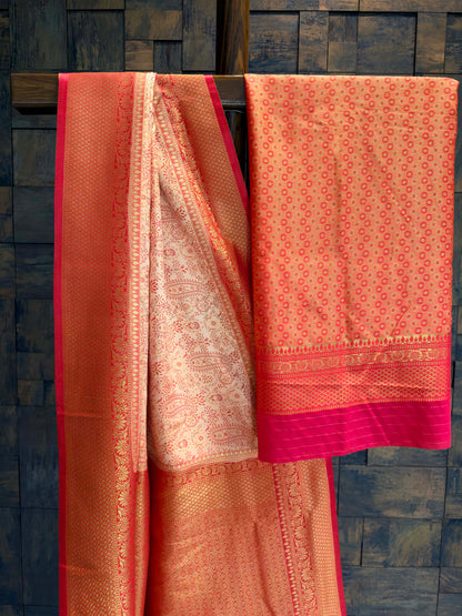 Cream-Red Tanchoi Satin Silk Saree with Zari Work