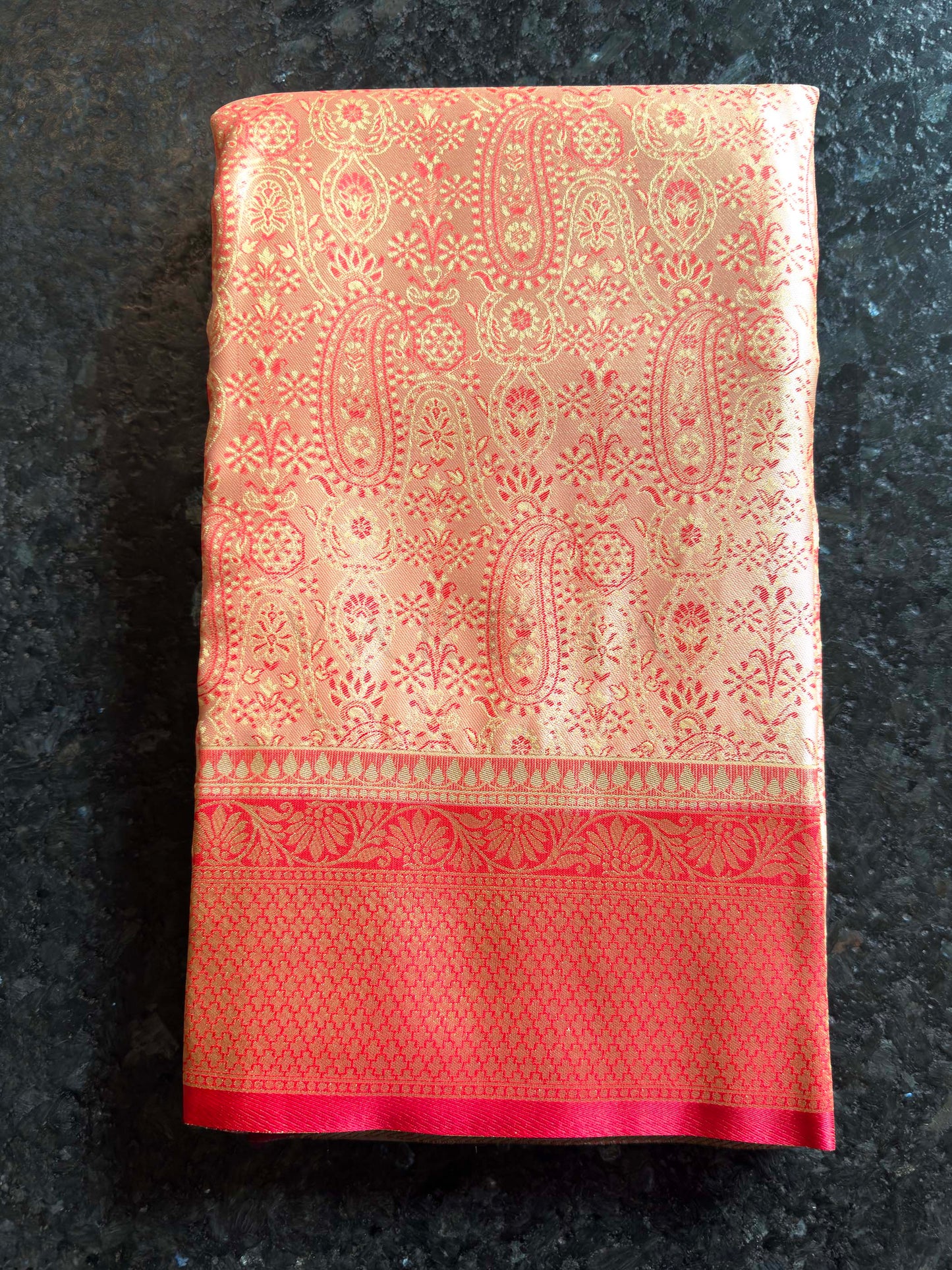 Cream-Red Tanchoi Satin Silk Saree with Zari Work