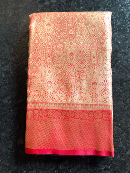 Cream-Red Tanchoi Satin Silk Saree with Zari Work