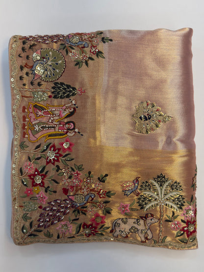 Lilac Tissue Silk Saree with Zari Weaving & Hand Work