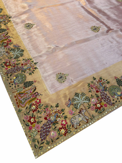 Lilac Tissue Silk Saree with Zari Weaving & Hand Work