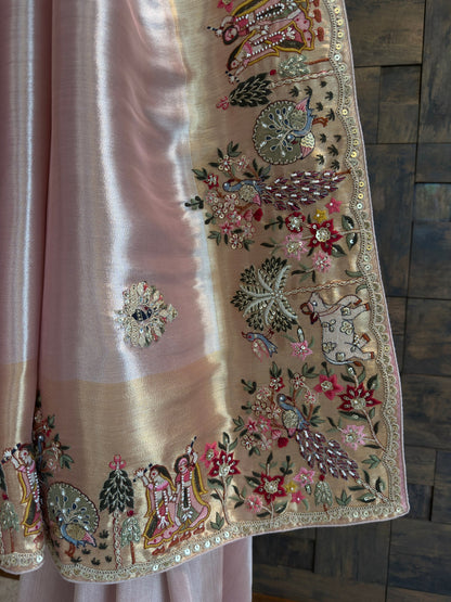 Lilac Tissue Silk Saree with Zari Weaving & Hand Work