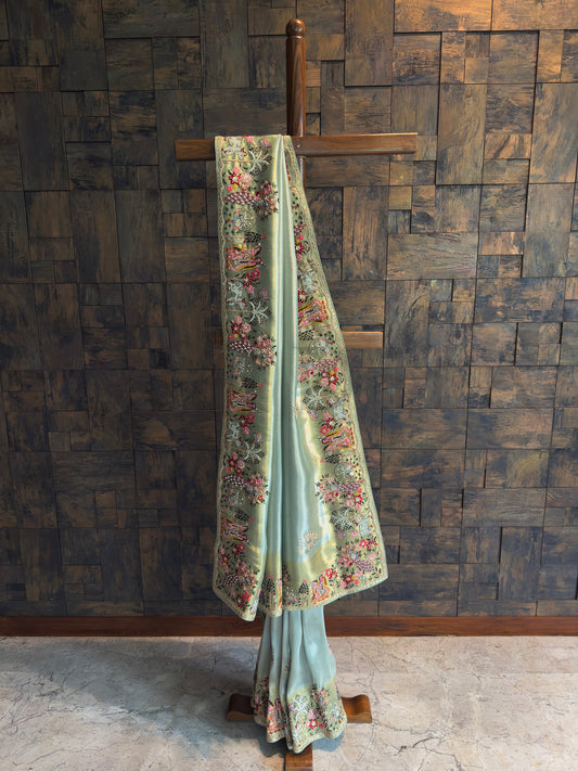 Pista Green Tissue Silk Saree with Zari Weaving & Hand Work