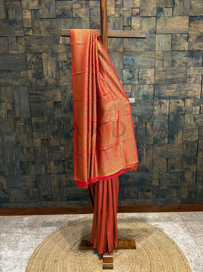 Dual Tone Red-Orange Golden Zari Pure Mysore Silk Saree