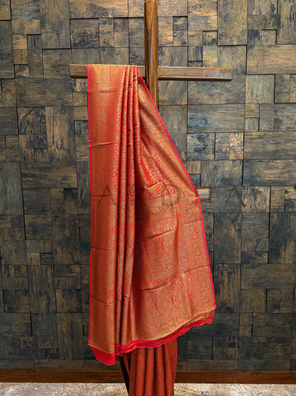 Dual Tone Red-Orange Golden Zari Pure Mysore Silk Saree
